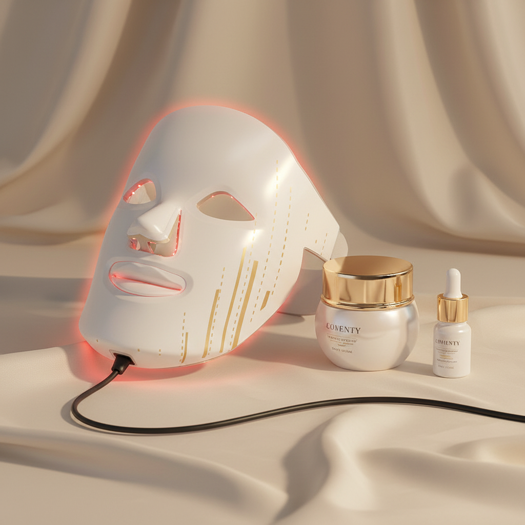 AuraDerm LED Photon Therapy Face Mask on cream luxury background