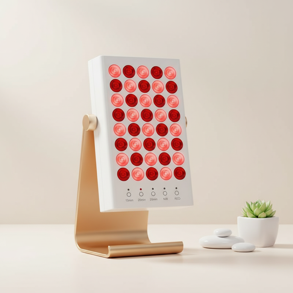 Red Light Therapy Beauty Lamp with Desktop Stand on cream luxury background