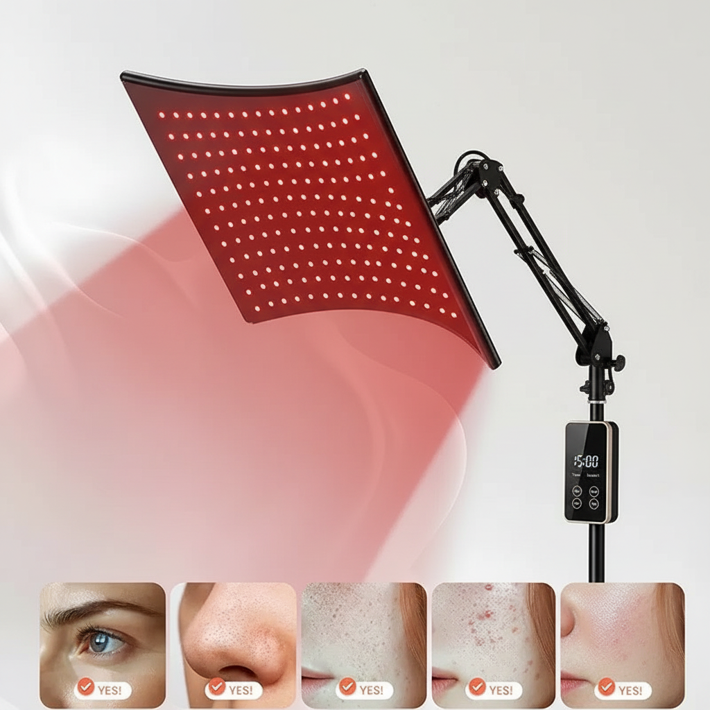 Large Red & Infrared Light Therapy Lamp with Timer and Dimmer on cream luxury background